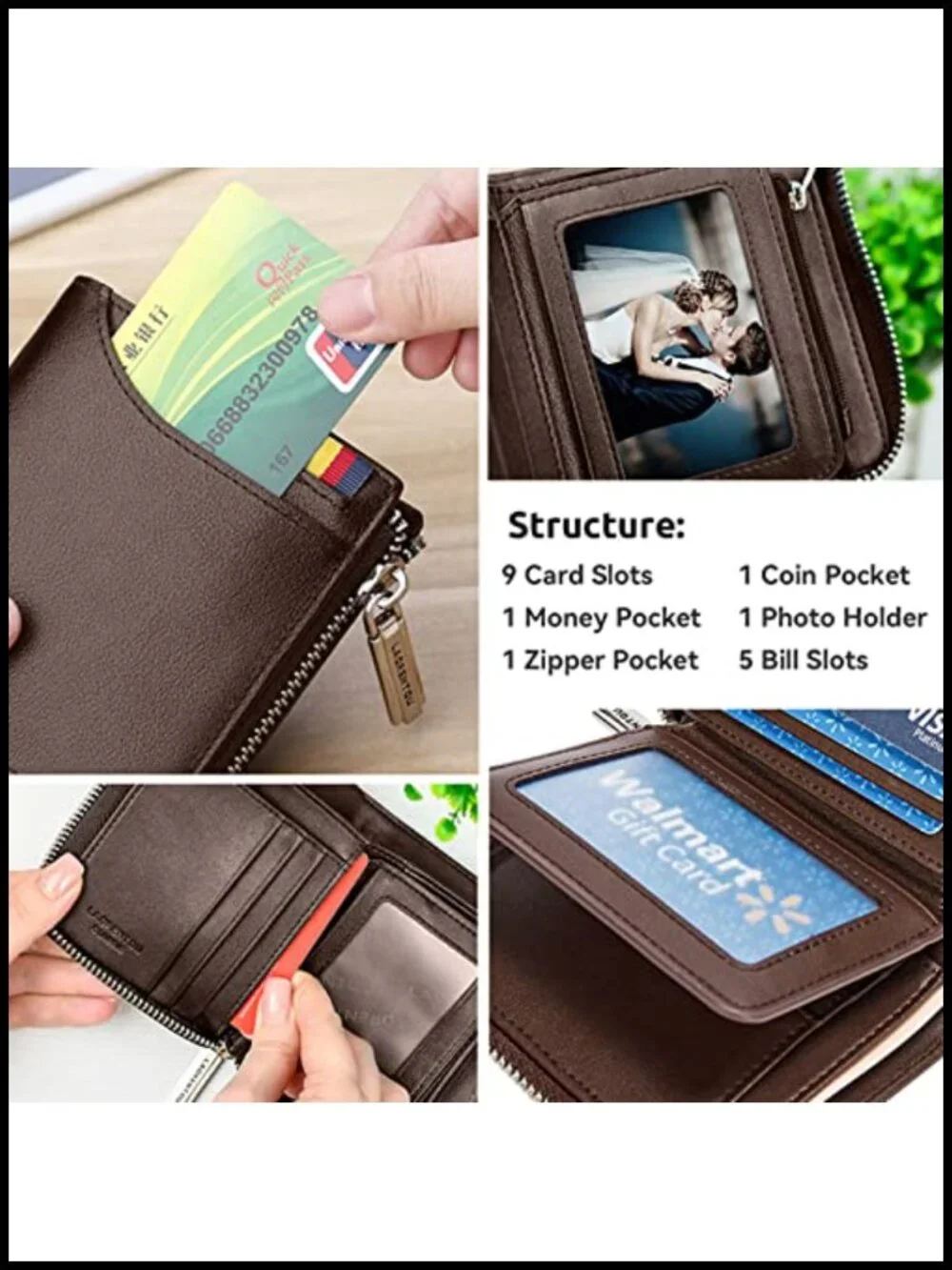 Genuine Leather RFID Blocking Bifold Wallet with Zipper Coin Purse
